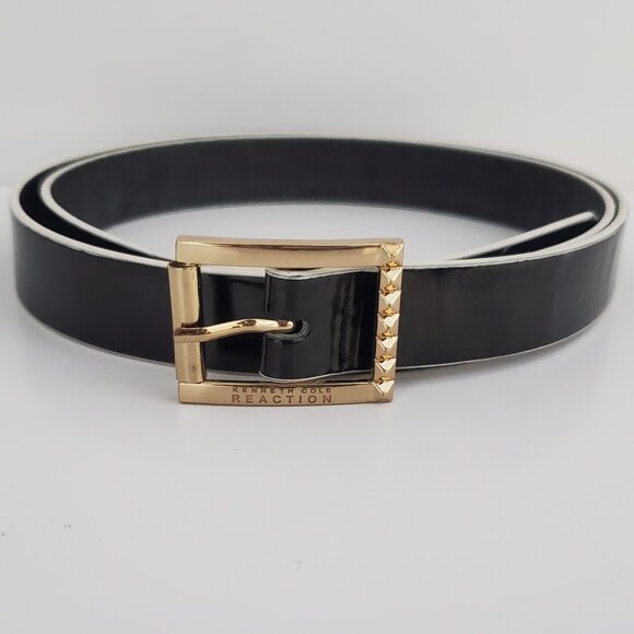 Women's Black Patent Belt KENNETH COLE White Trim Faux Leather Office Career - Picture 1 of 8